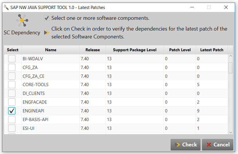 SAP NW Java Support Tool: List with available software components